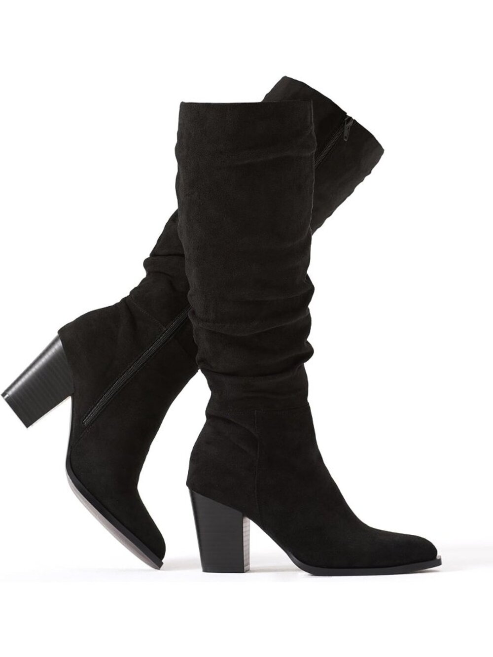 Women's Black Slouchy Knee High Boots Faux Suede Pointed Toe Chunky Heel Boots